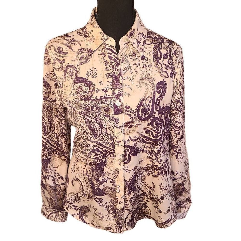 Chicos Womens Ivory Purple Paisley Long Sleeve Blouse